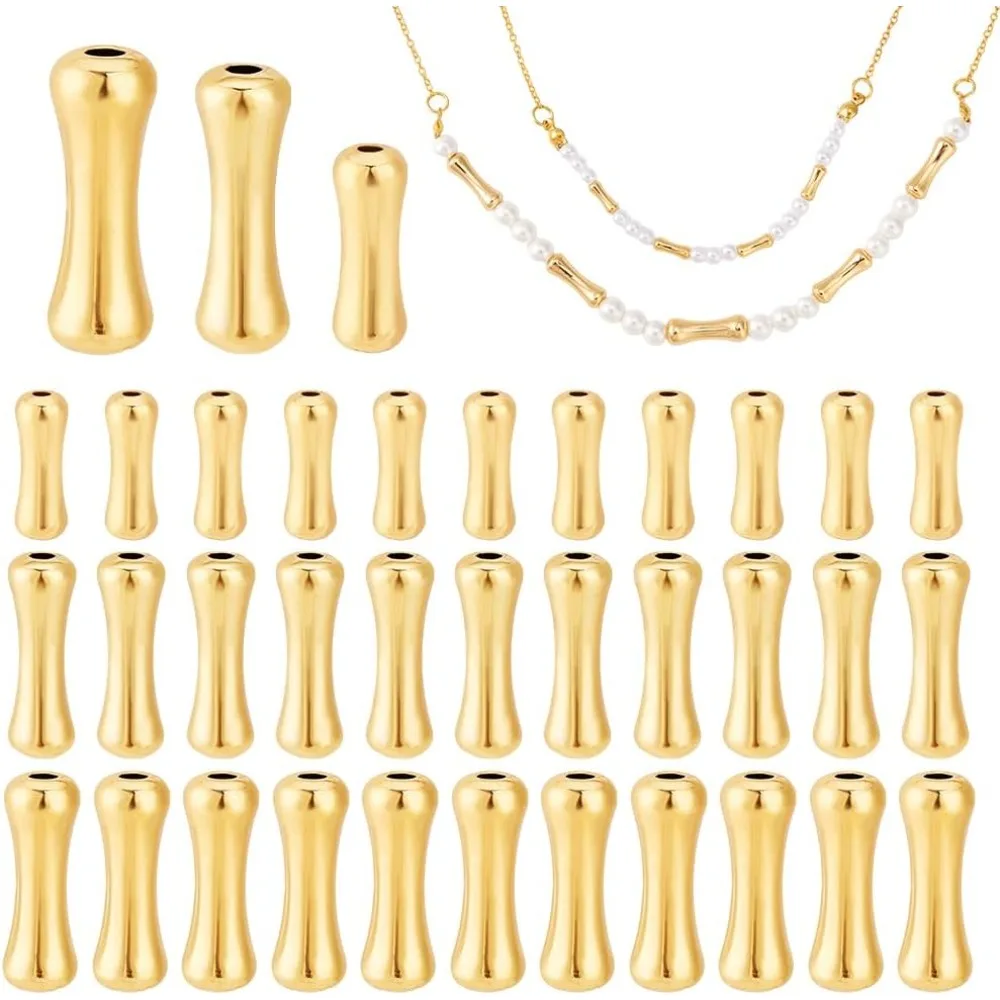 36pcs 18K Gold Plated Brass Spacer Beads Dog Bone Shaped Beads 3 Size Tube Bar Loose Metal making kit