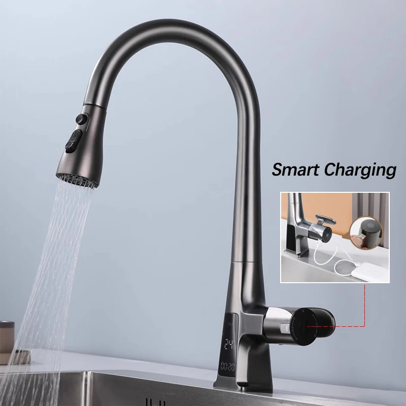 Temperature Display Pull Out Kitchen Faucet.Smart Infrared Sensor Water Mixer Tap.Three Modes Spout Cold Hot Water Sink Faucet.