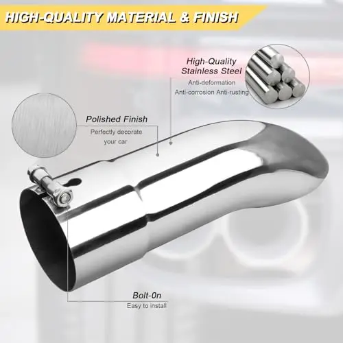 

Stainless Steel 4 Inch Inlet And Outlet Curved Turn-Down Exhaust Tip, 15 Inch Length, Bolt-On Design, Polished Angle Cut Finish