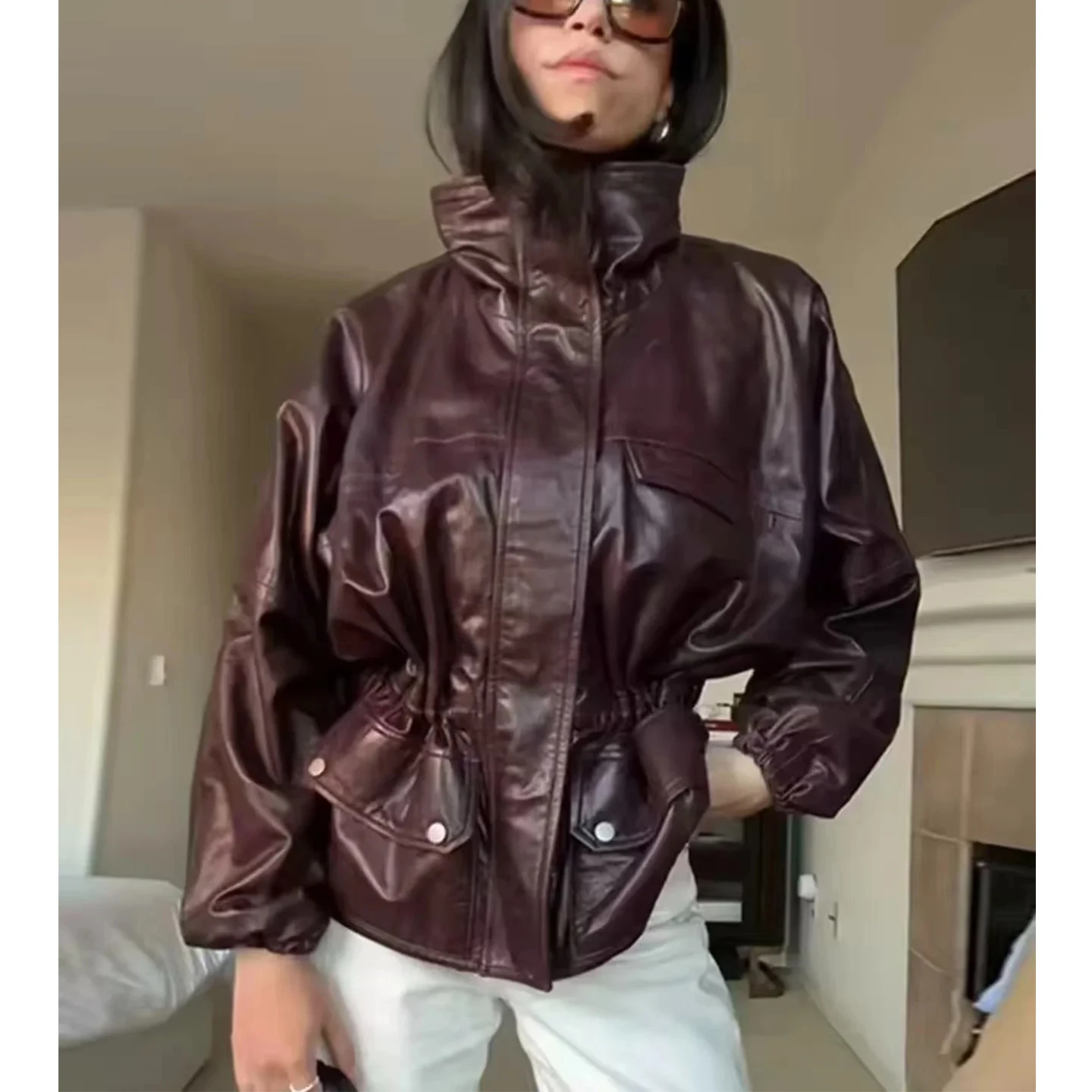 المرأة الخريف الشتاء ort بو الجلود Jaet الرجعية الخصر مقصوص الوقوف طوق كيت التفاصيل Ins Sle السيدات ملابس خارجية