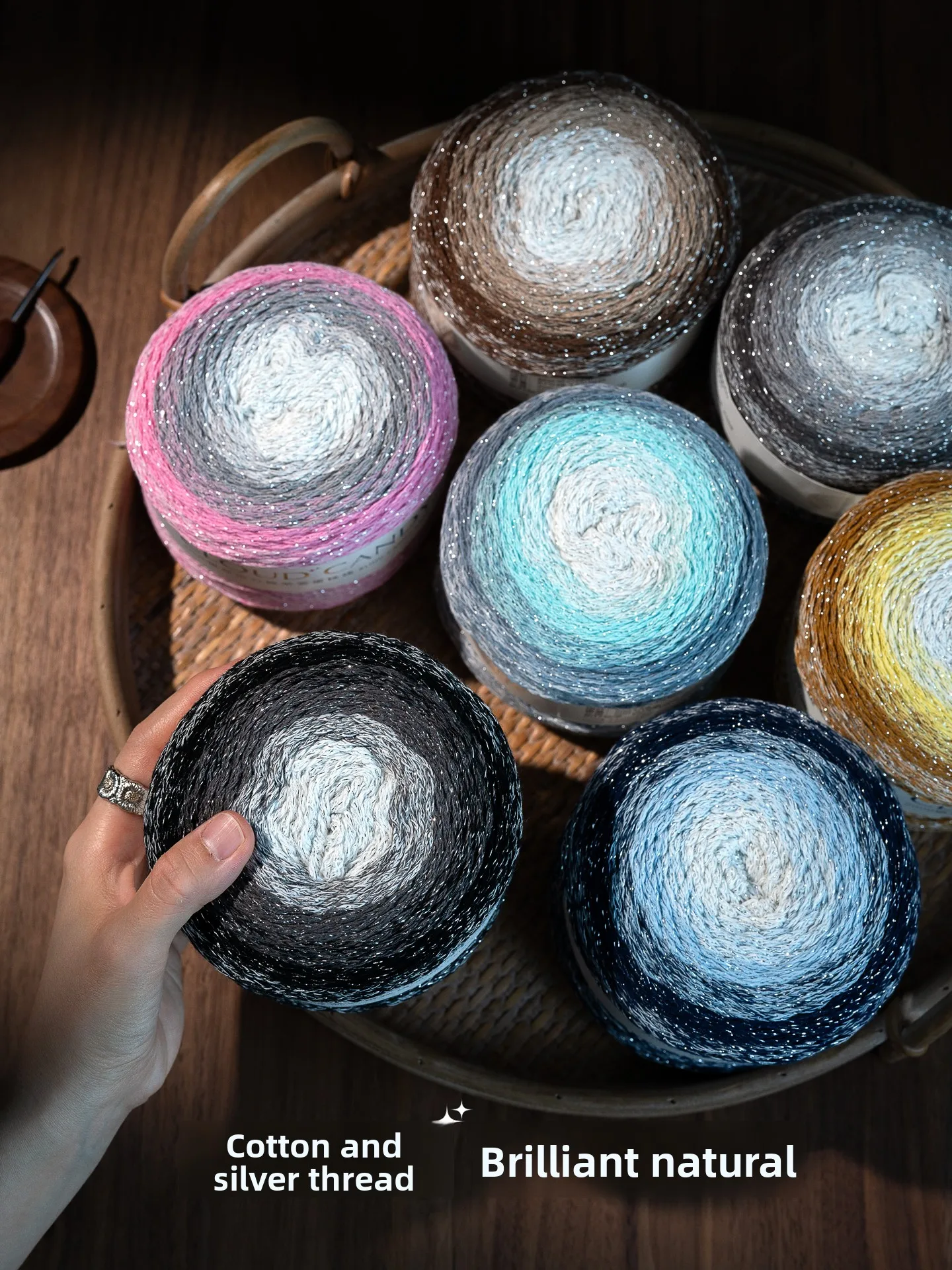 200g Silver Gradient Hollow Cotton Yarn, Milky Way Gradient Cake Thread,Shining Flower Bud Thread,DIY Bag Clothes Crochet Thread