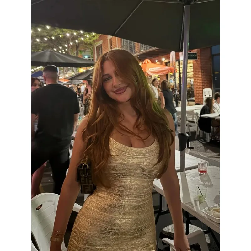 

Fashion Golden Sling Mini Dress Women Sexy Sleeveless Off-shoulder High Waist Slim Short Dresses Lady Party Club Vestidos