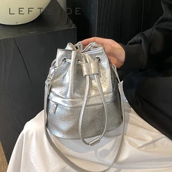 Small Silver Pu Leather Crossbody Bags For Women 2024 Y2k Korean Fashion Designer Females Bucket Bag Lady Drawstring Handbags