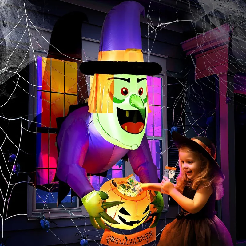 Inflatable Halloween Witch Holding Pumpkin Decoration with LED Light Outdoor Garden Coming Out of Window Blow Up Witch Ornaments