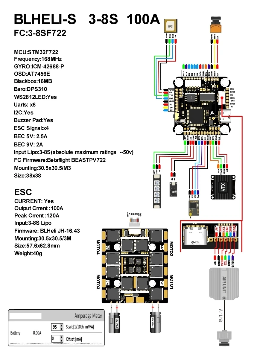 F722 8S F722 F7 FC 3-8S Lipo 5V/9V BEC & 100A 4in1 BLheli_S ESC Stacks Control Tower Kombination Crossing Flugzeug Zubehör – Detail 1