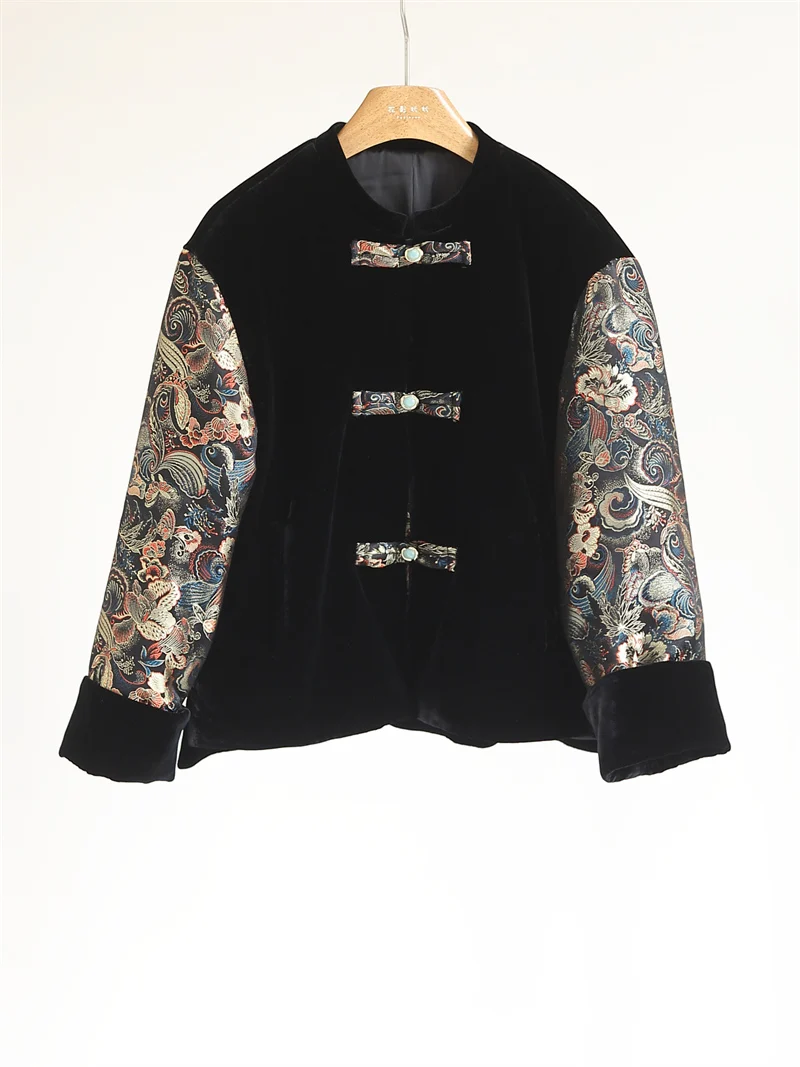 

Retro Silk Velvet Gold Weave Patchwork Sve Cotton Jaet Women's National Sle Color Blo Button Autumn Winter Coat
