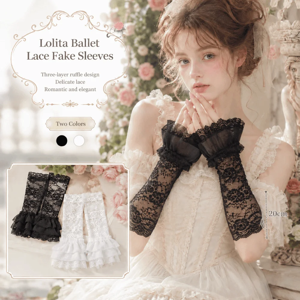 Fingerless Glove Knit - ปลอกแขนจีบระบายแบบถอดได้ 3 ชั้น สไตล์โลลิต้า ปลอกแขนปลอมทรงบาน ถุงมือแบบไม่มีนิ้ว