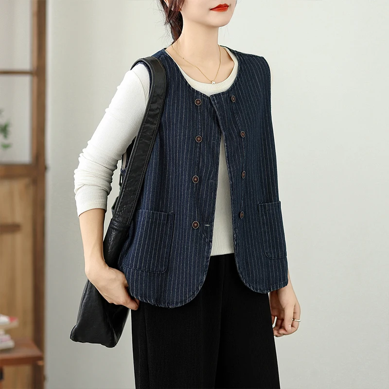 レトロストライプ女性用スウェットトップ春秋ルーズスリム多用途ファイオンダブルボタンラウンドネックコート