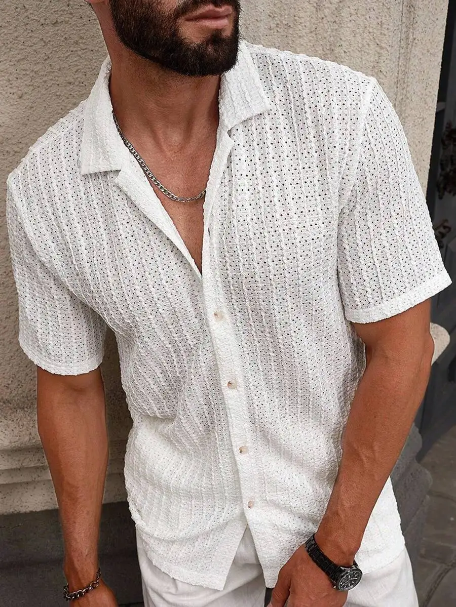 

Men's White Casual Short Sleeve Button-Down Shirt with Eyelet Texture