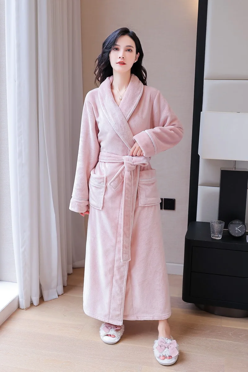 Warm Coral Fleece Bathrobe Women Men Winter Thick Flannel Thermal Robe Velvet Kimono Dressing Gown Comfortable Bride Peignoir