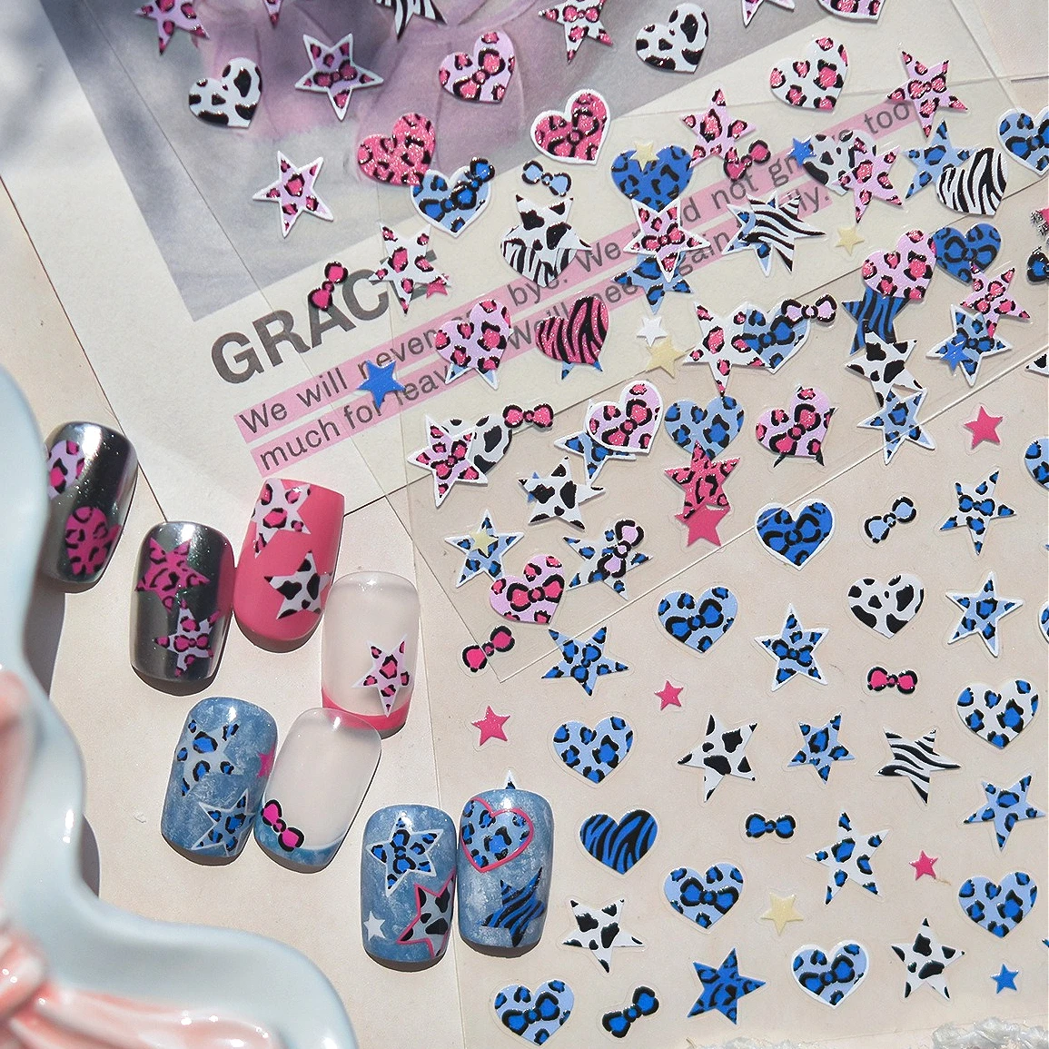 

Stars Love Heart Leopard Print Zebra Stripes Bowknot Glitter Powder Moon Starburst Laser Nail Art Stickers Manicure Tool Decals