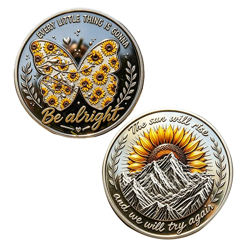 1 pièce Pièce de défi inspirante et souvenir, motif Tournesol Montagne, avec affirmation positive Papillon, et médaillon de sobriété et de récupération