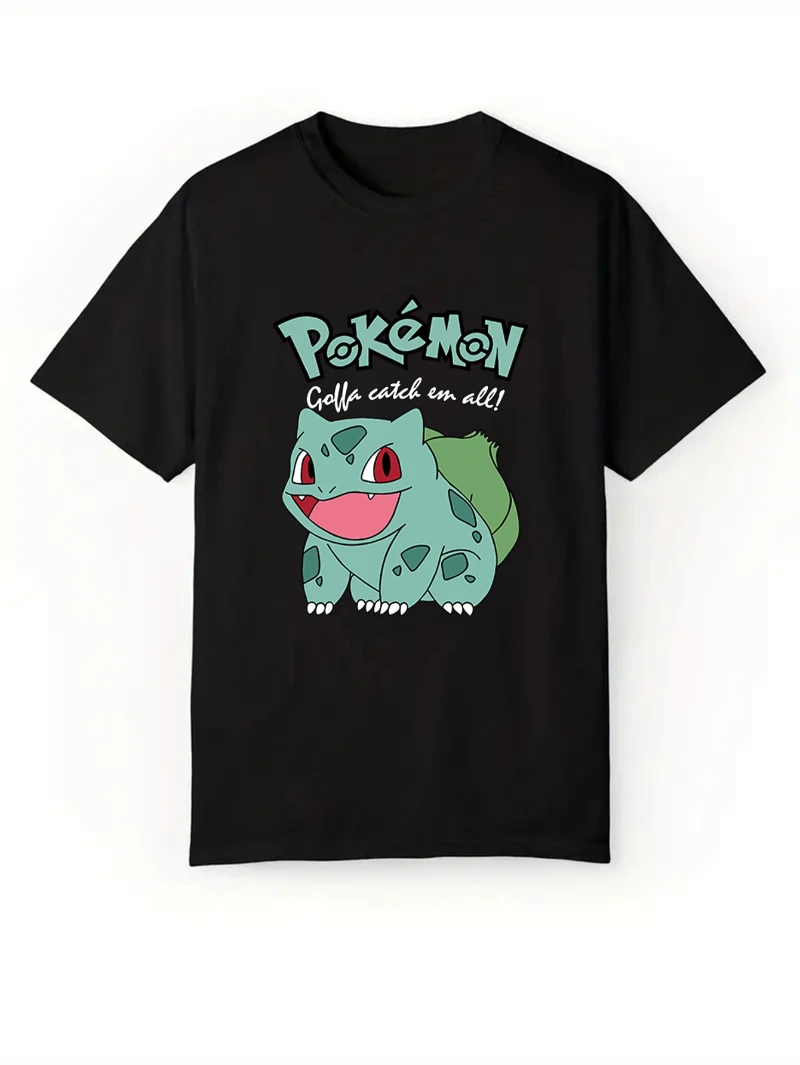 Clássico pokemon bulbasaur manga curta camiseta senhoras casual topo casual feminino moda esportes solto verão tripulação pescoço