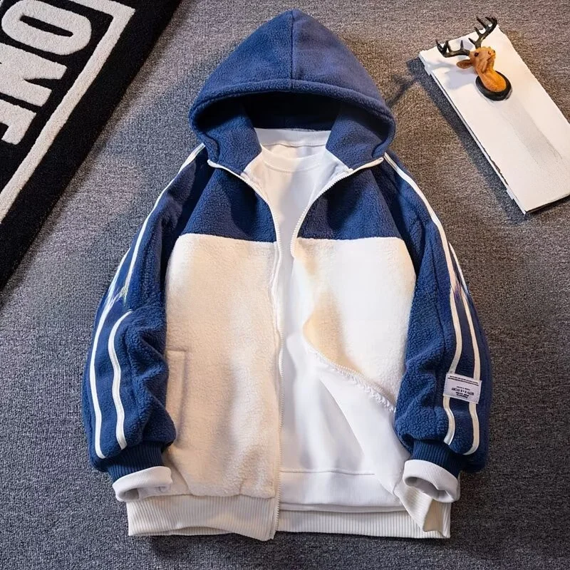 

Lamb Fur Hooded Jaet plus Size Men's Autumn Winter Trend Loose Color Blo Cotton Casual Warmth Polyester Fill Zipper