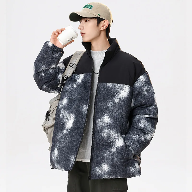 Winter Man Down Jacket Contrast Color Patchwork Loose Zipper Male Coat Stand Collar Long Sleeve Thicken Warm Men Outerwear