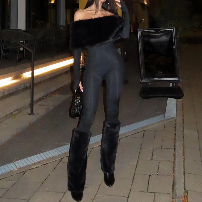 

Leisure Lady High Waist Skinny Solid Playsuits Temperament Luxury Party Rompers Autumn Winter Stylish Fur Slash Collar Jumpsuits