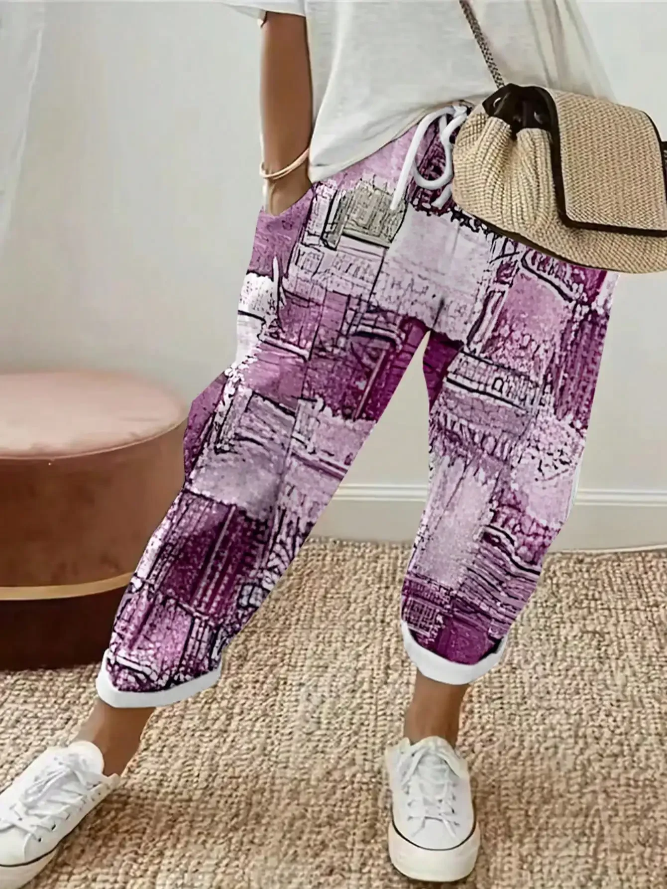 女性のファッションプラスサイズ 1XL-5XL プリントフラワーパンツレディースカジュアル快適なルーズポケットパンツカジュアルミッドウエストハーレンパンツ