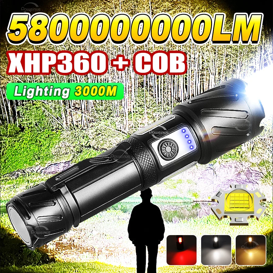 

Super High Power XHP360 LED Flashlight Rechargeable Strong Light Flashlight 18650 Long Range 3 KM Tactical Torch Camping Lanter