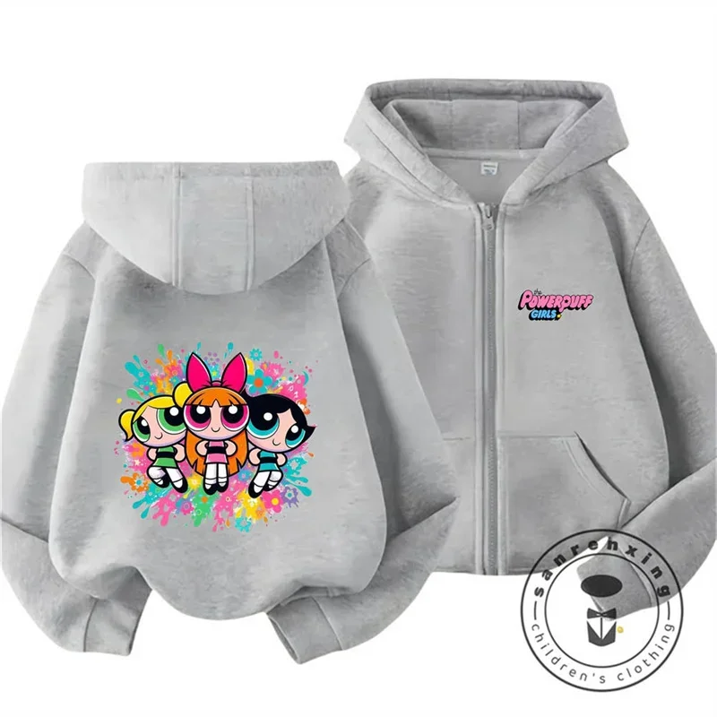 الكرتون Powerpuff الفتيات صبي فتاة قلنسوة بسحاب دعوى ربيع الخريف الاطفال مقنعين ملابس رياضية Setspants الأولاد الملابس 2-14 سنة