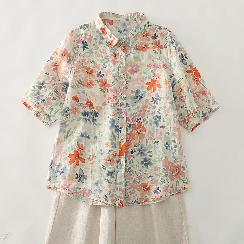 Country Style Floral Print Shirt Monet Garden Floral Half Sleeve Women's Top  Summer Polyester Fiber 100% Ladies Shirt