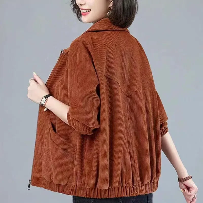 Corduroy Short Jacket Women's Lapels Loose Long-sleeved Zipper Coat Solid Casual Middle-aged Mother Female Outwear Clothing