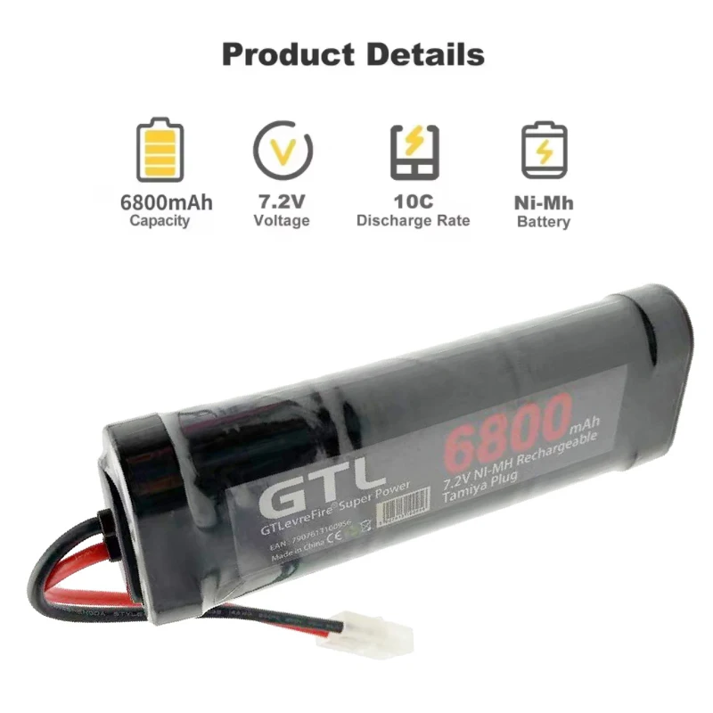 7.2V 6800mAh NiMH Replacement RC Battery with Tamiya Discharge Connector for RC Toys Racing Boat Airplane Off-Road Vehicle