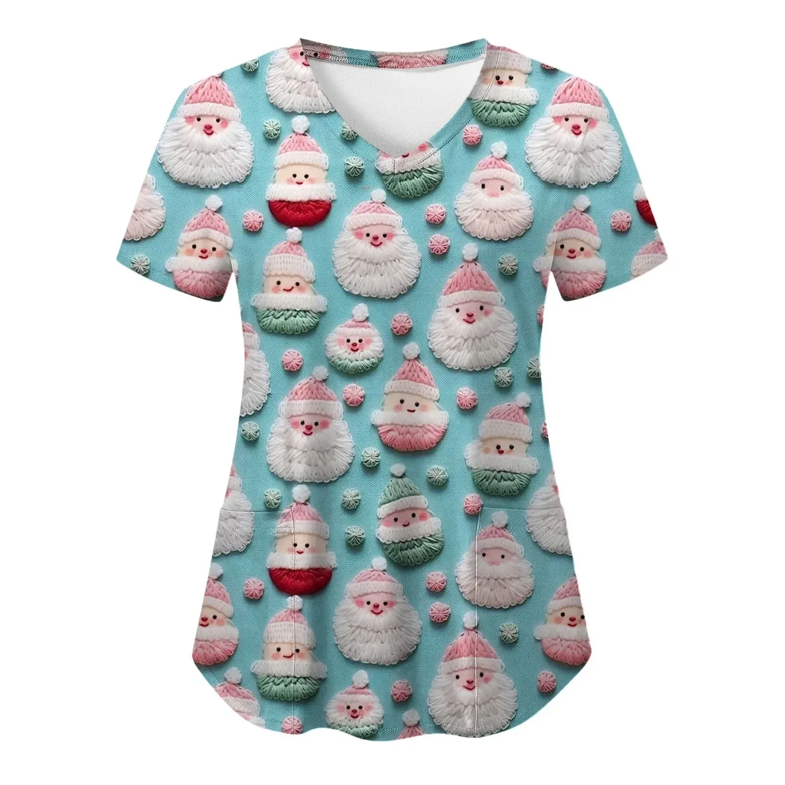クリスマス臨床ユニフォーム女性サンタクロース漫画プリント歯科スクラブトップス V ネック半袖ポケット付きナースユニフォーム女性