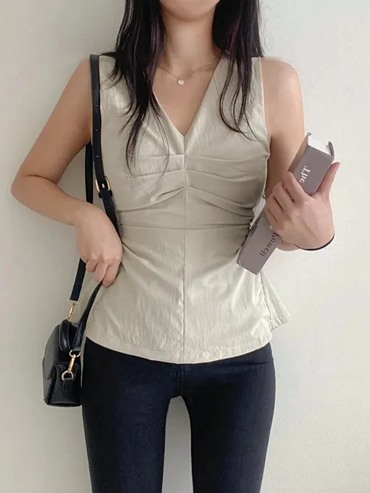 Women's Svel V-Ne irt Vest Pleated Bustier Slimming Hollow out Ba Versatile  irt Top Cotton  Color