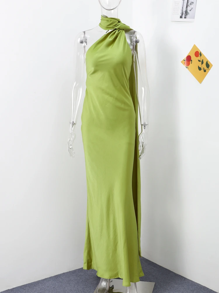 우아한 리본 새틴 롱 파티 드레스 여성용 홀터 슬리브리스 백리스 맥시 드레스 2025 가을 여름 여성용 솔리드 이브닝 가운