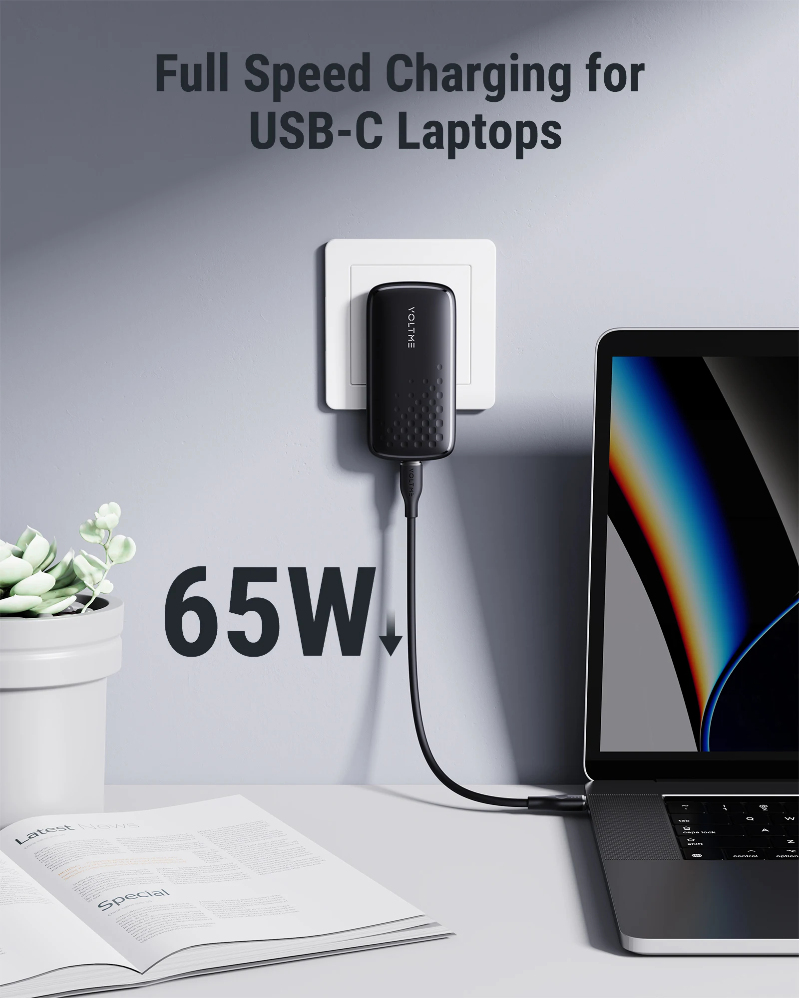 VOLTME GaN 65W Ultrathin USB C Charger Quick Charge 5.0 PD3.0 Fast Charging Charger Phone Charger For iPhone 14 Pro Max Macbook