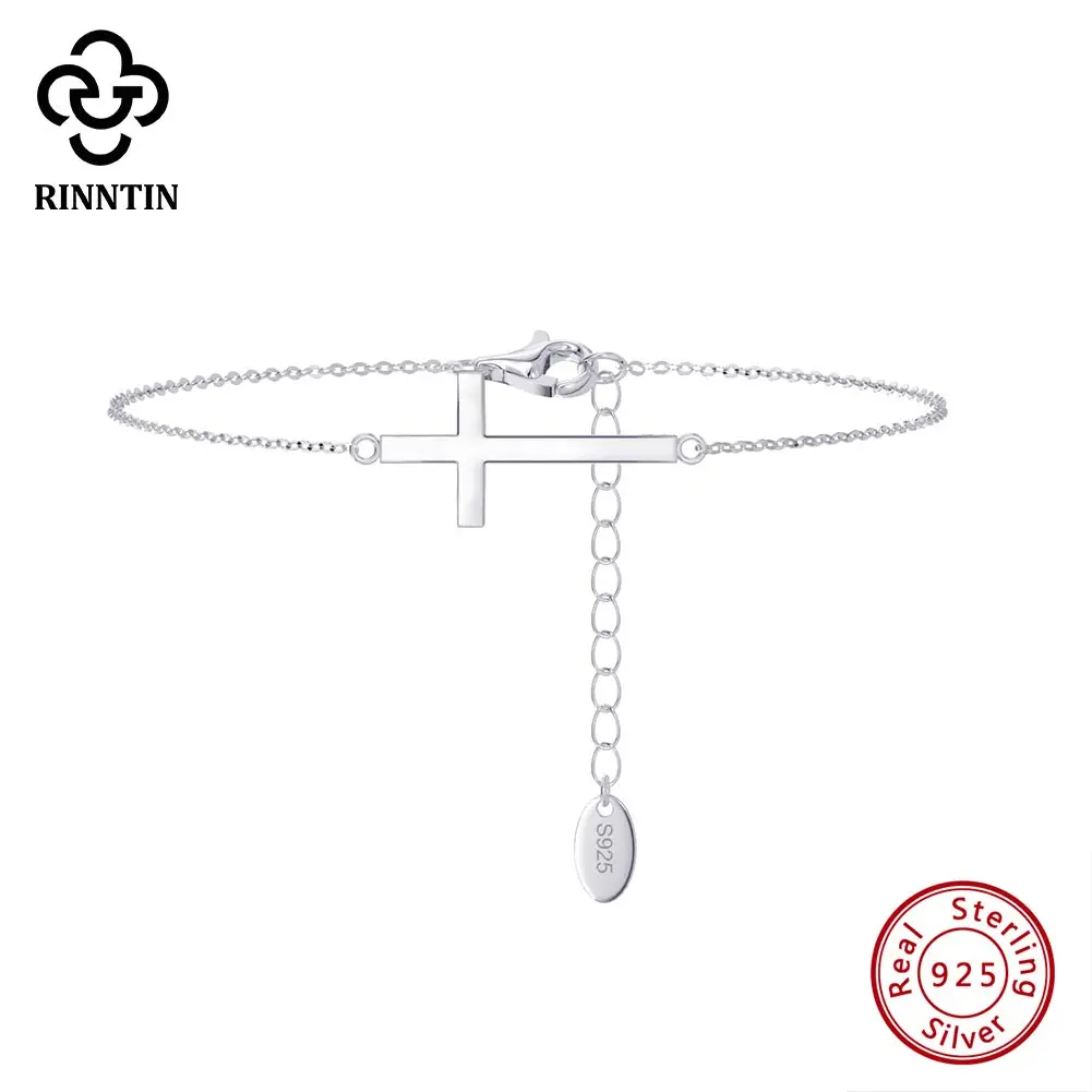 

Rinntin Simple Pure 925 Sterling Silver Cross Chain Bracelet for Women Dainty Christian Prayer Religious Silver Jewelry APB03