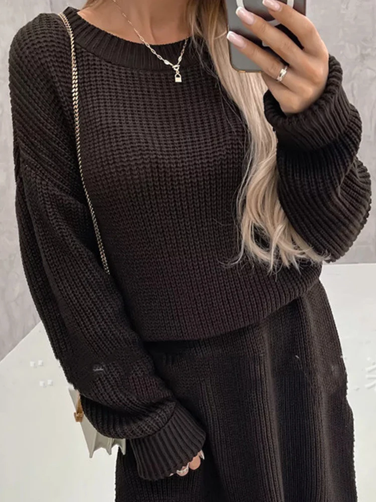 

Женский повседневный однотонный костюм из 2 предметов с длинными рукавами, модная вязанная крючком длинная юбка, комплект, элегантный пуловер с круглым вырезом, топ и юбка, наряды