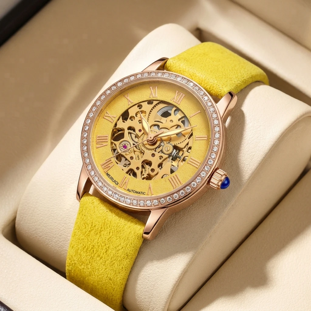 1pc Exquisite and Stylish Women's Hollow-out Roman Numeral Yellow Strap Mechanical Watch