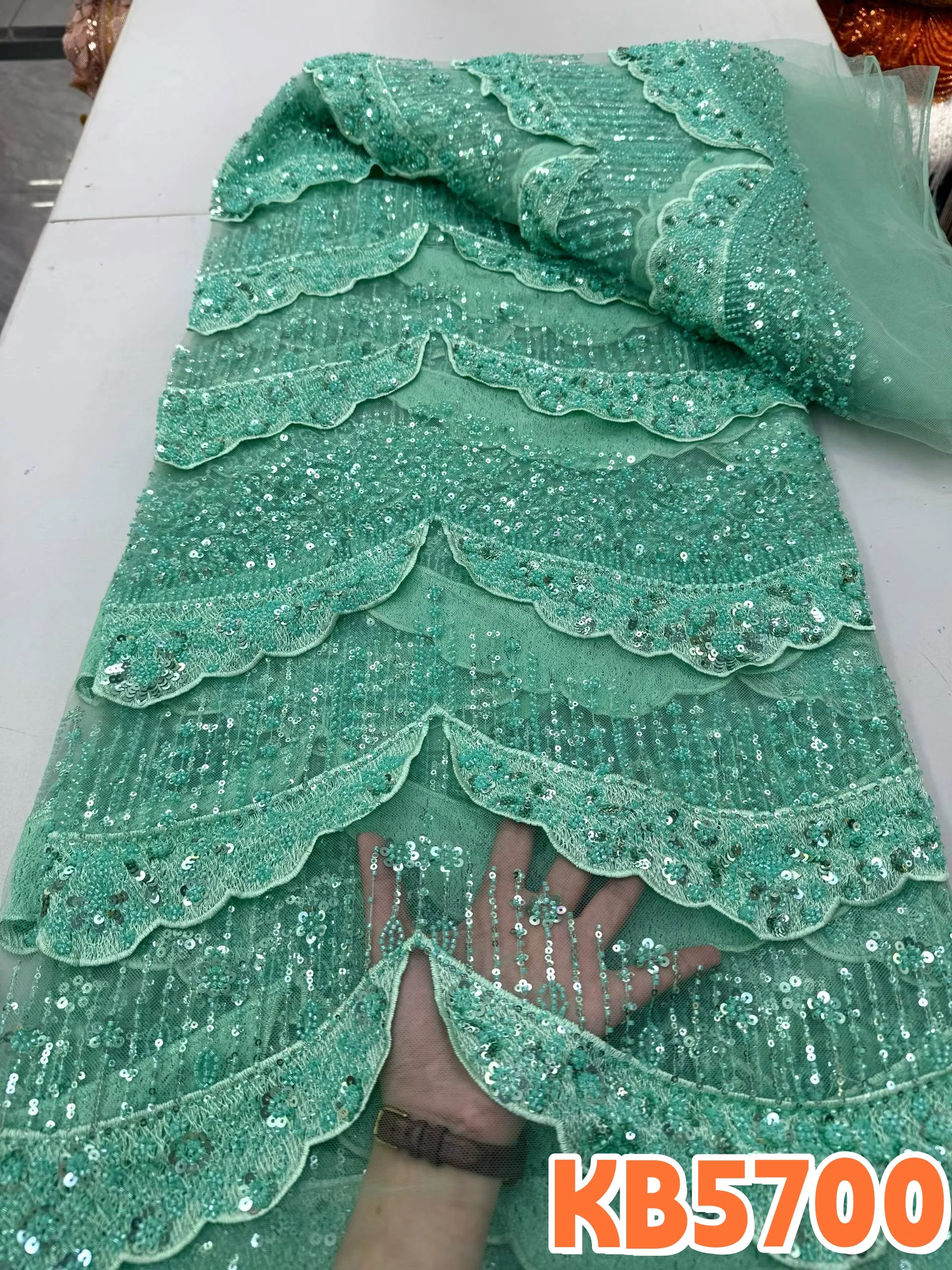 YALISI African White Beaded Sequence Lace Fabric Luxury French Sequins Mesh Lace Fabric for Women's Party Dresses Sewing KB5700