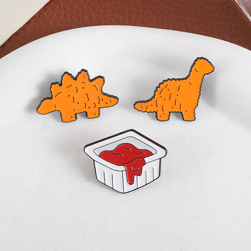 Dinosaur Nuggets With Ketchup Enamel Pins Set 3Pcs Brontosaurus Stegosaurus Chicken Brooches Funny Food Lapel Badge Gift