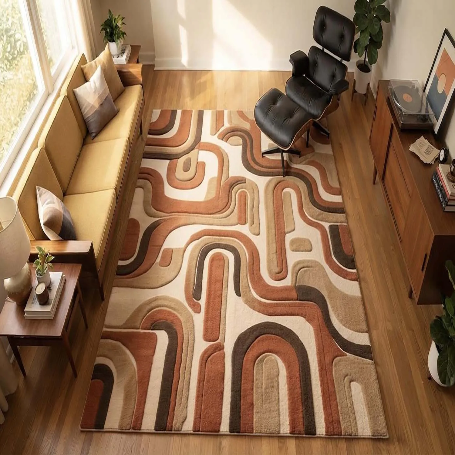 Room Decor Rug Rust Tan Cream Vintage Maze Arch Textured Area Rug, Plush Floor carpet, rugs for livingroom, rug for bedroom, Rectangle Floor Mat, Ideal for Retro Living Room, 3D Embossed Groovy Curve
