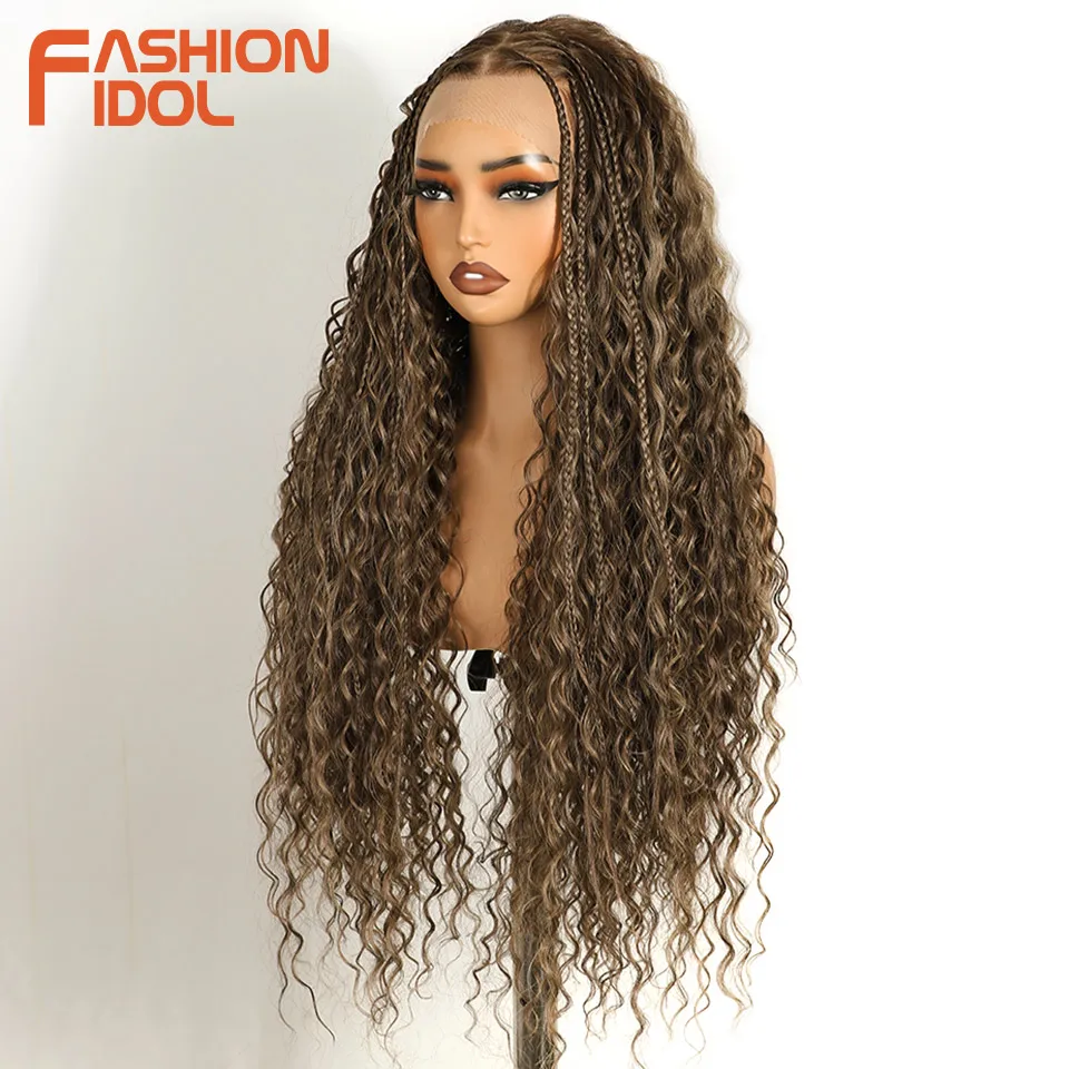 FASHION IDOL Twist Box Braided Lace Wigs Synthetic Brown 13X4 Lace Frontal Wigs For Black Women Goddess Faux Locs Braids Wigs view 4