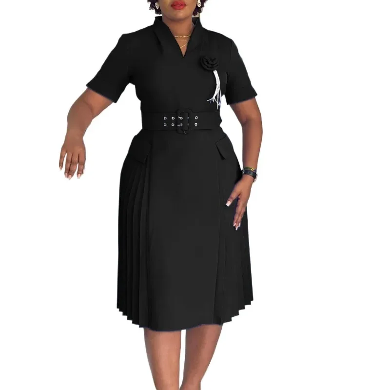 

Elegant African Party Evening Dresses for Women Summer Short Sleeve V-neck Polyester Pleat Midi Dress Dashiki Africa Clothing