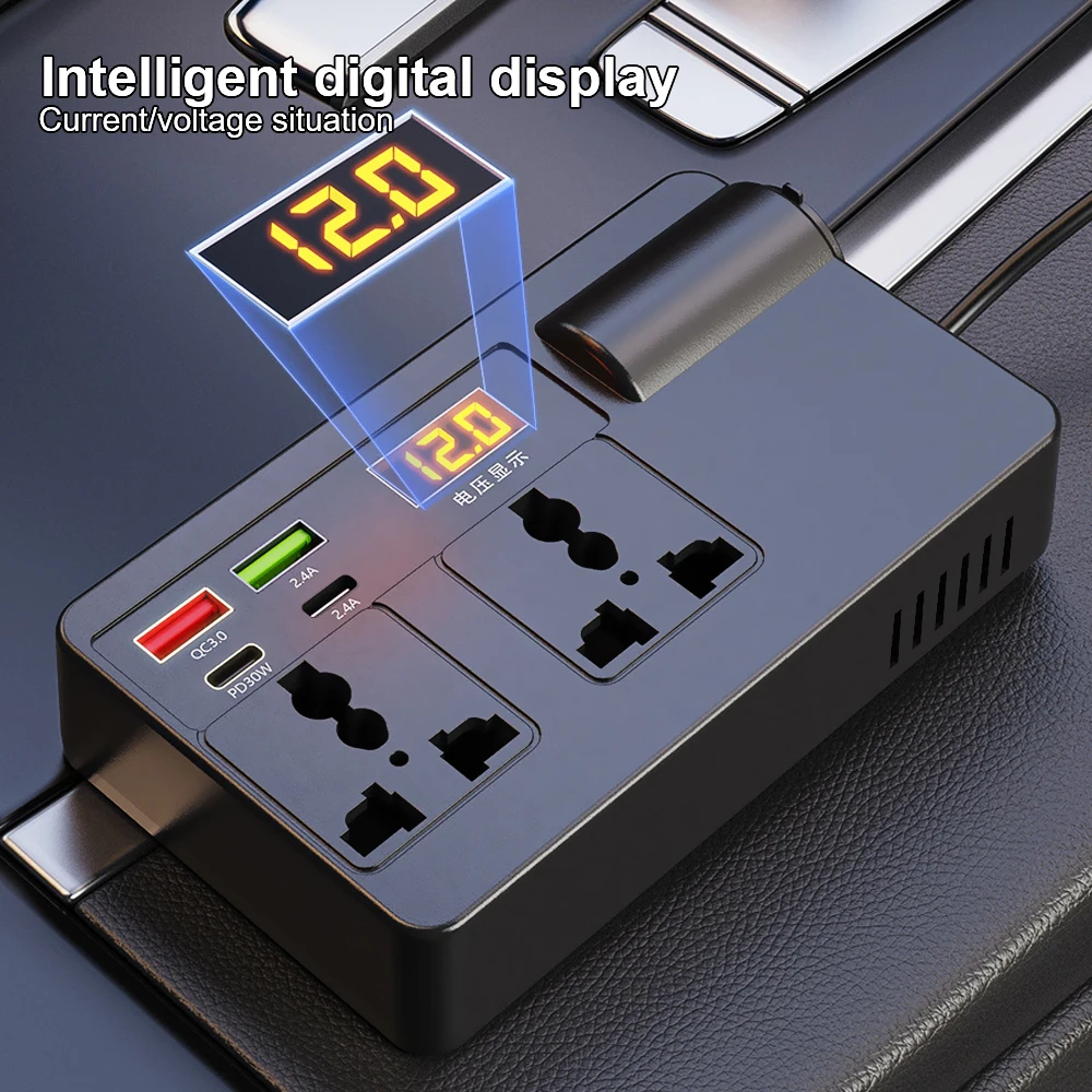 200W Zigarettenanzünder-Adapter Wechselrichter Auto-Stromadapter Konverter DC 12V 24V zu 220V 7 Anschlüsse PD Typ-C USB-Ladegeräte AC-Steckdose – Detail 5