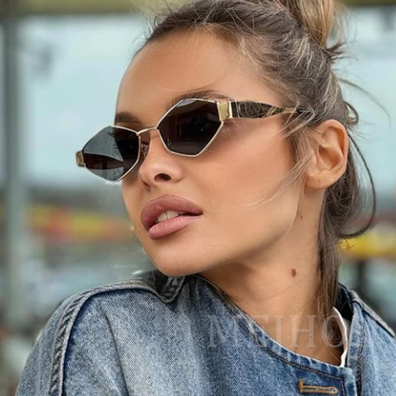 Polygonale Luxus Sonnenbrille Frauen Marke Mode Raute Sonnenbrille Frau 2024 Retro Vintage Metall Diamant Shades Brillen