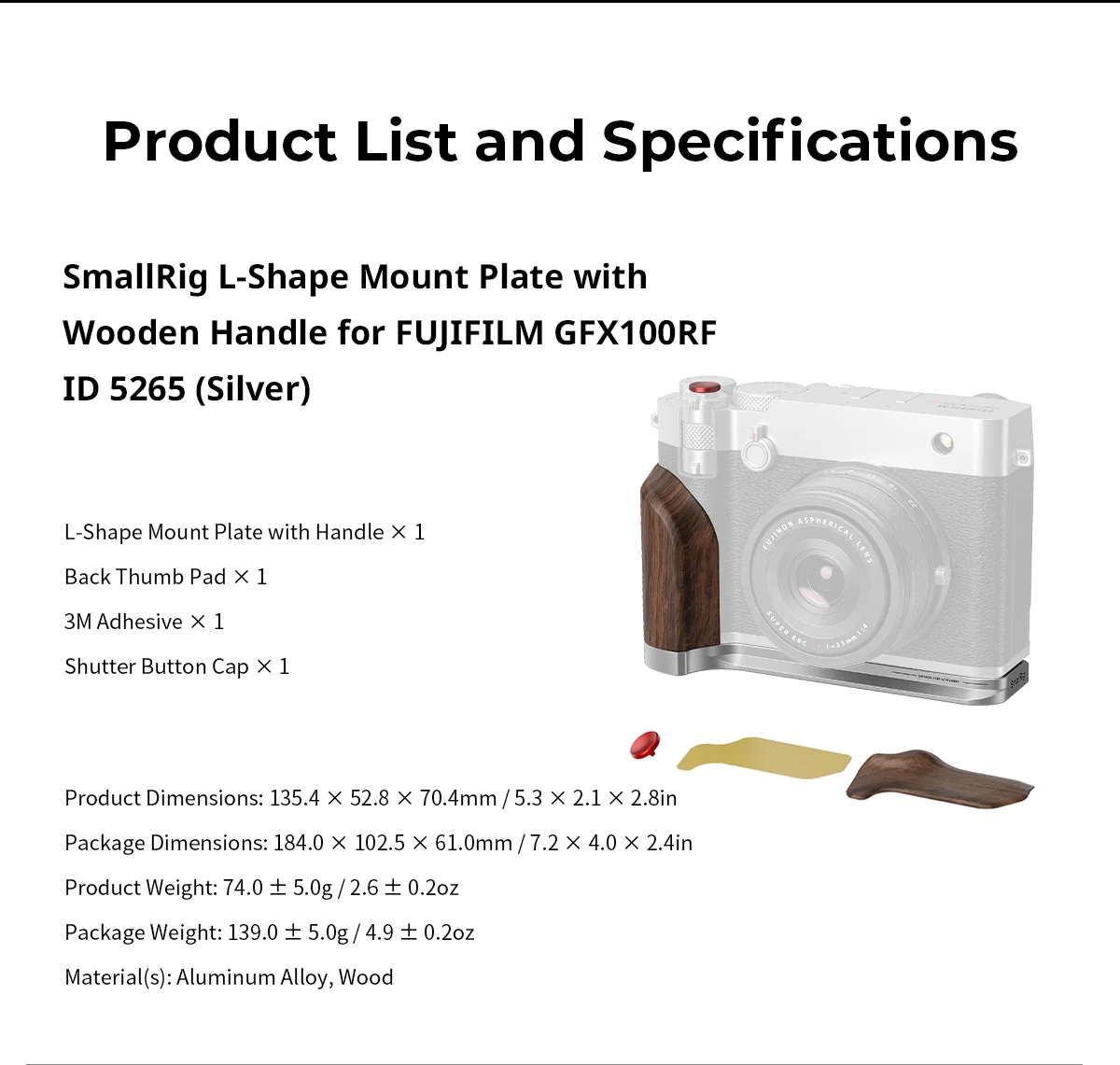 SmallRig Houten Handgreep voor FUJIFILM GFX100RF, L-vormige montageplaat met handgreep met snelontgrendelingsplaat voor Arca-afschakelknop