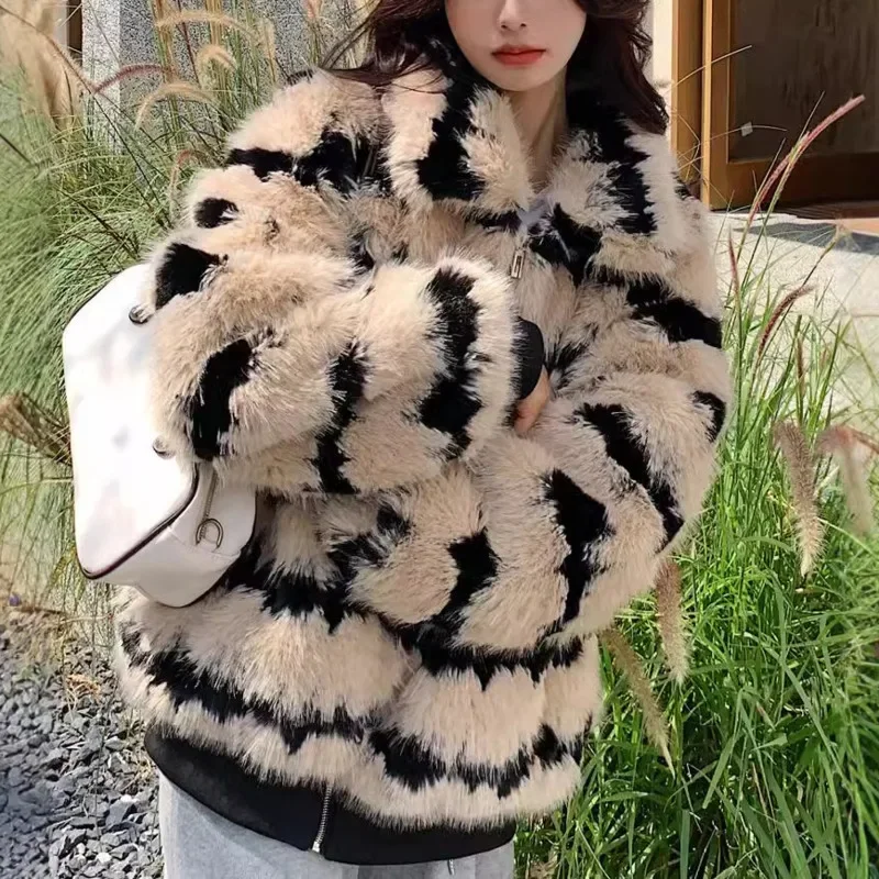

2025 New Winter Products Striped Faux Fur Coat Women's Turn Down Collar Long Sleeve Casual Coats