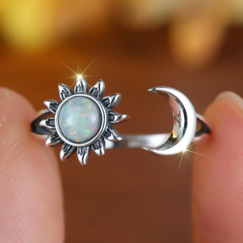 Non Fading High-end White Australian Treasure Sun and Moon Open Ring for Women, Versatile Retro Adjustable Accessories Wholesale