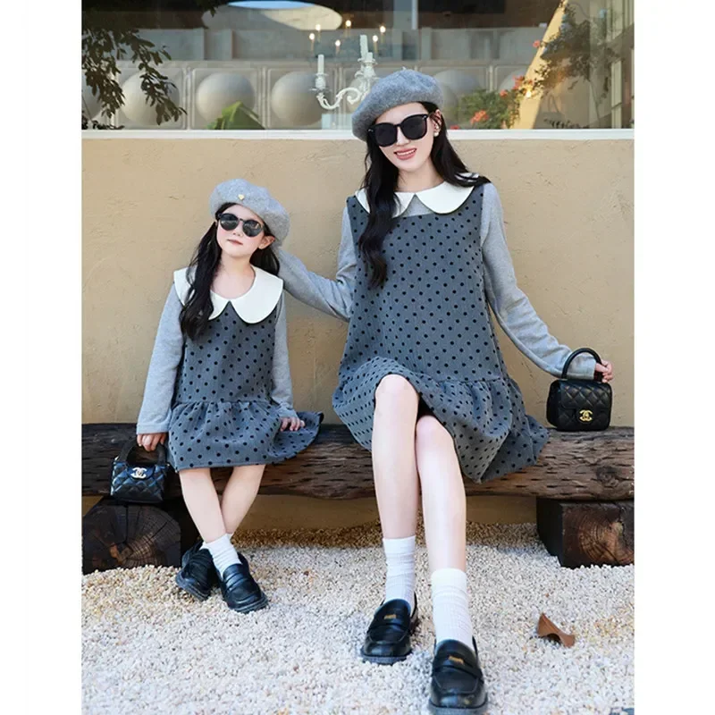 Mom and Daughter Dress Sets Mother and Baby Girls Long Sleeve Tops + Sleeveless Round Dot Dresses Ourfits Korean Women Clothing