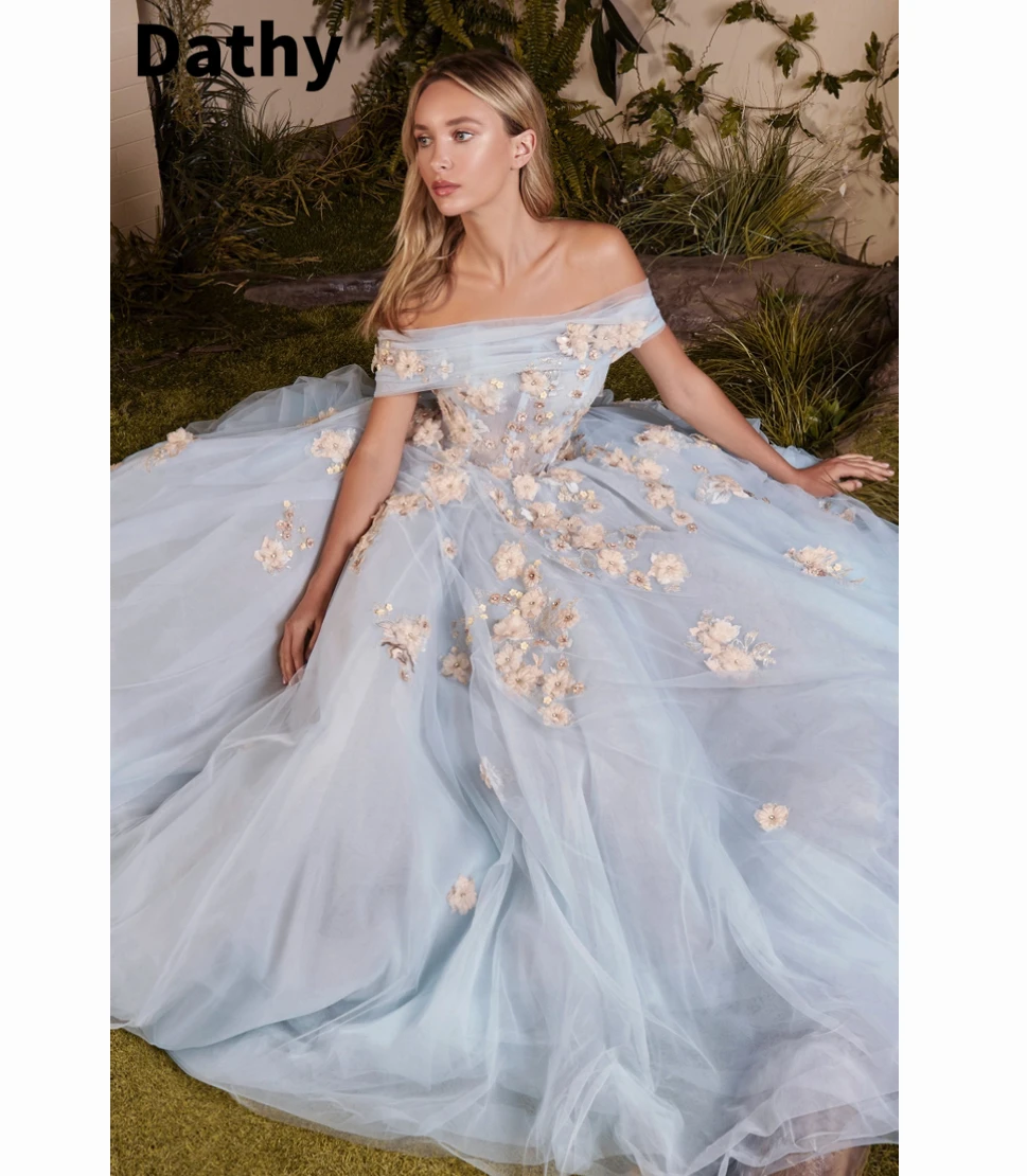 Dathy Blue Tulle Off The Shoulder Dress 3D Appliqué Sweetheart Party High Waist Puffy Skirt Evening Dressفستان سهرة نسائي