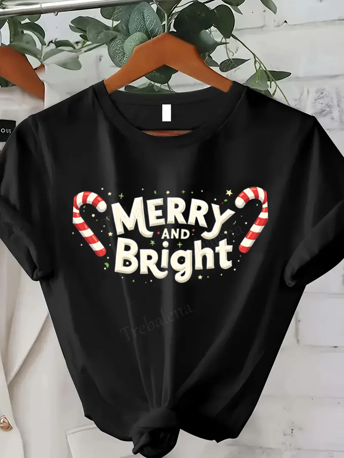 Women T-shirt Merry & Bright Christmas Candy Cane Tee for Women