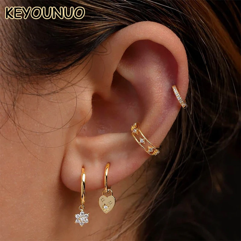 

KEYOUNUO Gold Silver Filled Flower Star Drop Hoop Earrings For Women Zircon EarCuffs Heart Dangle Earrings Jewelry Wholesale