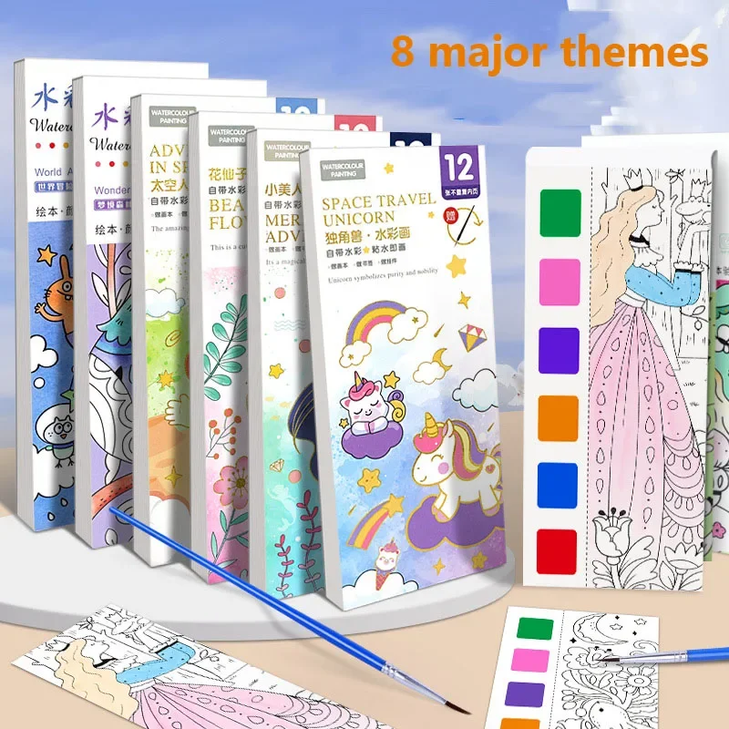 Portable Watercolor Painting Book 12 Sheets Coloring Book With Paint Brush Gouache Book Kids Graffiti Picture Drawing Stationery