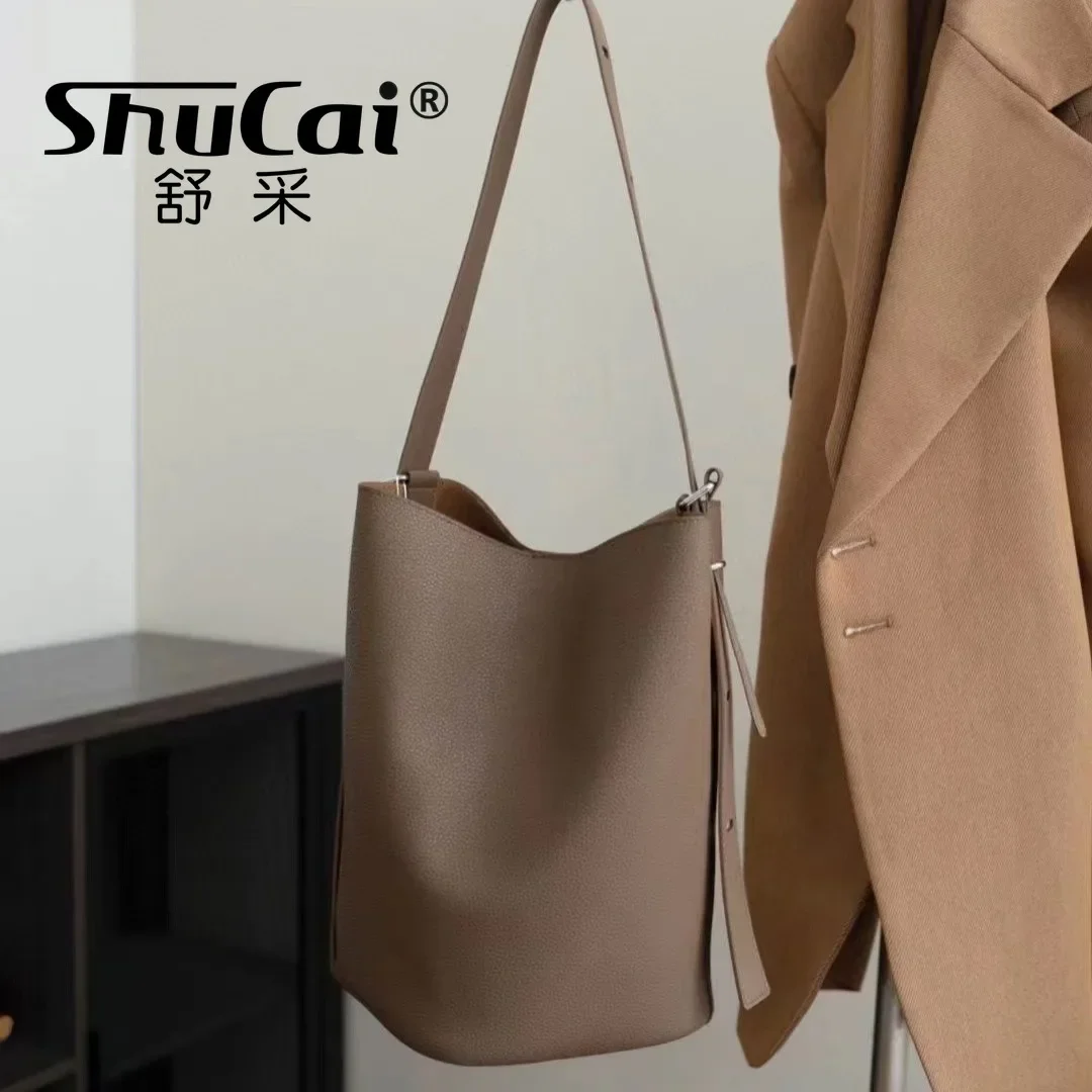 Women Genuine Leather Bag Luxury Designer Brand Cowhide Large Bucket Bag Fashion Trend Niche Female Shoulder Crossbody Bag