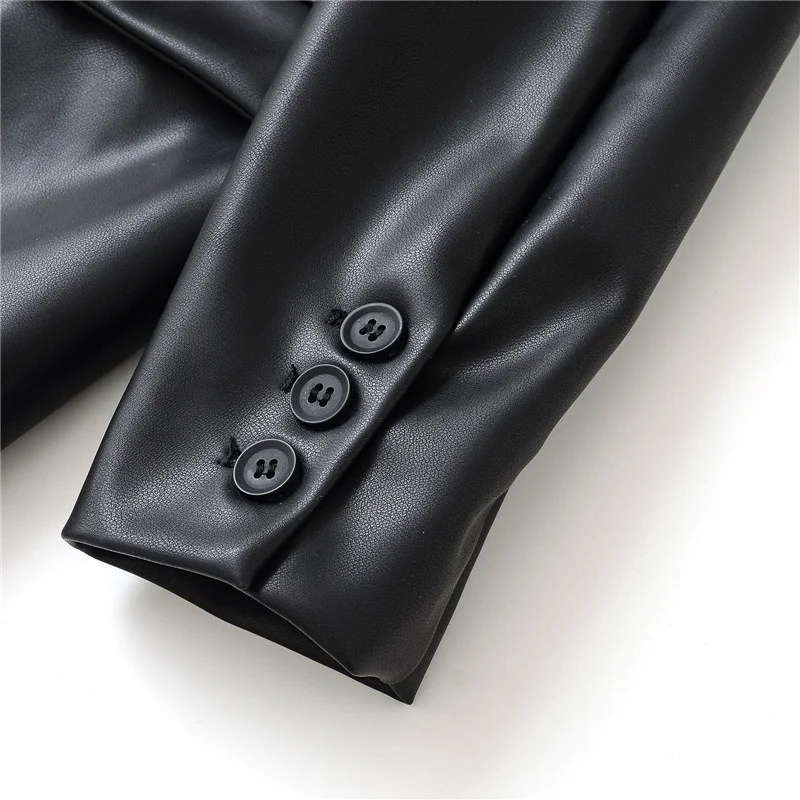 Giacca da abito in ecopelle nera primavera allentata monopetto colletto dentellato manica lunga cappotto femminile streetwear Chaqueta Mujer